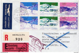 Postal History Cover: Liechtenstein R Cover With Olympic Games Sets Sent By Train Post To Lake Placid And Returned - Hiver 1980: Lake Placid