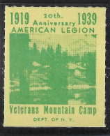 1919 - 1939 VIGNETTE USA CINDERELLA 20TH ANNIVERSARY OF THE AMERICAN LEGION VETERANS MOUNTAIN CAMP NEY YORK - Erinnofilia