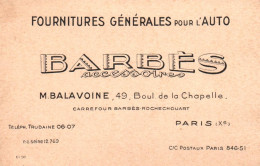 Paris - 10ème Arrondissement - Carte De Visite BARBES Accessoires Fournitures Générales Pour L'auto - Bld De La Chapelle - Arrondissement: 10