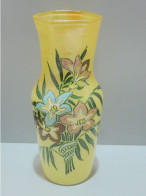 -JOLI VASE VERRE LEGRAS émaillé Fleurs émail Peint Jaune & émail Extérieur    E - Vazen