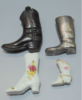 - 4 BOTTES MINIATURES 1 SANTIAG En BRONZE 1 BOTTE PORCELAINE SILVER PLATED  E - Andere & Zonder Classificatie