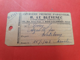 Étiquette De Colis Commercial ( Asperges ) De Argenteuil Pour Montebourg, Affranchissement Pétain Au Dos - N 33 - 1921-1960: Période Moderne