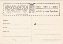 ITALIA - REPUBBLICA SOCIALE - FRANCHIGIA MILITARE -  CARTOLINA POSTALE - F 80. 1- 1944/45 - NUOVA - Postwaardestukken