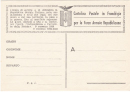 ITALIA - REPUBBLICA SOCIALE - FRANCHIGIA MILITARE -  CARTOLINA POSTALE - F 80. 1- 1944/45 - NUOVA - Postwaardestukken