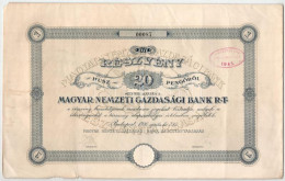 Budapest 1926. "Magyar Nemzeti Gazdasági Bank Rt." Részvénye 20P-ről, Szárazpecséttel, Bélyegzéssel, Szelvényekkel T:F - Sin Clasificación