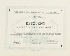 Szekszárd 1926. "Tolnamegyei Újság Hírlapkiadó RT. Szekszárdon" Részvénye 10P-ről Szelvényekkel T:II - Unclassified