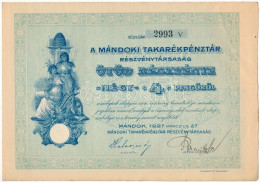 Mándok 1927. "Mándoki Takarékpénztár Részvénytársaság" ötöd Részvénye 4P-ről (2x) "2993 IV,V" Sorszámú Részvények, Szára - Sin Clasificación