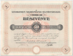 Szombathely 1938. "Szombathelyi Takarékpénztár Részvénytársaság" Részvénye 50P-ről, Szelvényekkel, Szárazpecséttel (2x)  - Unclassified