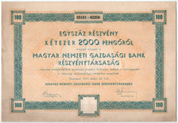 Budapest 1943. "Magyar Nemzeti Gazdasági Bank" Száz Részvénye Egyben, összesen 2000P-ről, Szárazpecséttel, Szelvényekkel - Sin Clasificación