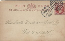 Oblit 930. GREAT BRITAIN QUEEN VICTORIA YORK JA 171889 HALF PENY POST CARD - Storia Postale