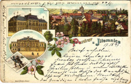 T3 1897 (Vorläufer!) Jilemnice, Radnice, Sokolna / Town Hall, Sokol Building, Winter Sport, Ski. Art Nouveau, Floral, Li - Non Classificati