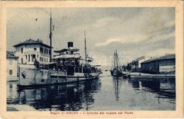 T2/T3 1923 Grado, Bagni, L'entrata Del Vapore Nel Porto / Ship Station, Port, "Capitano Sauro" Italian Steamer, Steamshi - Non Classificati