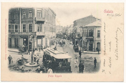 T2/T3 1901 Galati, Galatz; Piata Regala, Caffe International / Square, Tram, Café, Bank, Shops. Anton Pappadopol (EK) - Unclassified