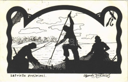 T2/T3 1931 Latviesu Zvejnieki / Latvian Folklore Silhouette Art Postcard, Fishermen S: Krumins (EK) - Unclassified