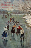 T2/T3 1909 Die Besten Glückwünsche Zum Neuen Jahre / New Year Greeting Art Postcard, Winter Sport, Ice Skating, Ice Hock - Zonder Classificatie