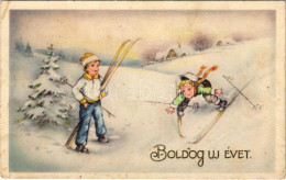 * T3 Boldog Új Évet, Síelő Gyerekek, Dombornyomott / New Year, Skiing Children Emb. (Rb) - Non Classificati
