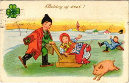 T2/T3 1939 Boldog Újévet / New Year Greeting Art Postcard With Sled, Ice Skate And Pig, Hungarian Folklore (EK) - Unclassified