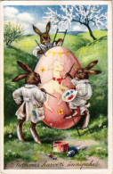 * T2/T3 Kellemes Húsvéti ünnepeket / Easter Greeting Art Postcard With Rabbits Painting An Egg. ERIKA Nr. 2096. (EK) - Unclassified