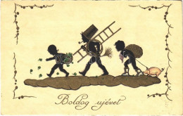T2 1930 Boldog Újévet! / New Year Greeting Silhouette Postcard, Chimney Sweeper, Pig, Clovers. - Ohne Zuordnung