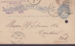 Canada POstal Stationery Ganzsache Entier ONE CENT Victoria JAS WARNECK & Co. GALT Ont. 1890 LONDON Ont (Arr.) - 1860-1899 Reign Of Victoria