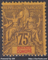 TIMBRE GRANDE COMORE TYPE GROUPE 75c VIOLET N° 12 NEUF * GOMME AVEC CHARNIERE - Ungebraucht