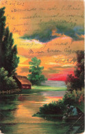 ARTS - Tableau Et Peinture - Coucher De Soleil - Femme Puisant De L'eau Dans La Rivière - Chaumière  - Carte Postale - Paintings