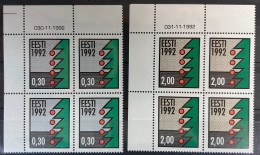 Estonia Estland Estonie 1992 Christmas (type B(y) - Phosphor Paper Michel # 195y-196y Set Of 2 Corner Quarter Blocs RARE - Estonie
