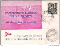 CAMPIONATO EUROPEO  DERIVE BIPOSTO - RIMINI  1954 -  CLUB NAUTICO RIMINI -  ANNULLO SPECIALE SU CARTOLINA DEDICATA - Voile