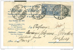 MORINI ALBERTO, FAENZA, RAVENNA, CARTOLINA COMMERCIALE ESPRESSO  VIAGGIATA  1927,TIMBRO POSTE FAENZA FRAZIONARIO  52-20, - Faenza