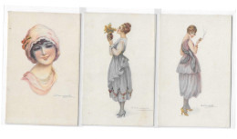 CPA Illustrateur Signé S Bompard  Art Nouveau Femmes Avec Chapeaux-Fleurs Les 5 Cartes - Bompard, S.