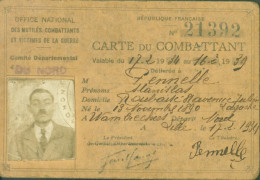 Guerre 14 Carte Du Combattant Office National Des Mutilés Combattants & Victimes De Guerre Comité Nord Lille 17 2 34 - Guerre De 1914-18