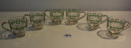 C104 6 Tasses Piètement En Métal Au Décor Cubique Vert - Art Nouveau / Art Déco