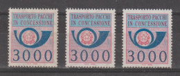 REPUBBLICA:  1984  PACCHI  IN  CONCESSIONE  -  £. 3000  AZZURRO  E  ROSA  LILLA  RIPETUTO  3  N. -  SASS. 22 - Consigned Parcels