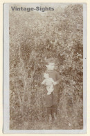 Young Boy & His Teddy Bear In Front Of Bushes (Vintage RPPC 1914) - Jeux Et Jouets