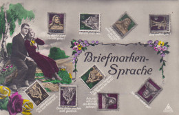 CPA STAMPS, SWISS STAMPS, COUPLE IN VINTAGE CLOTHES, FLOWERS - Timbres (représentations)