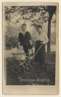 2 Young Females, Baby In Pram, Dog & Teddy Bear (Vintage RPPC 1920s/1930s) - Jeux Et Jouets