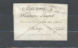 SUISSE -LAC -GENEVE POUR ANDUZE EN FRANCHISE -GRIFFE LINEAIRE 27 MmGENEVE /3 MAI 1826-MARQUE D'ENTREE NOEL 243 -SUISSE / - ...-1845 Voorlopers