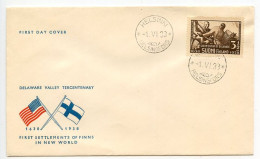 Finland 1938 Scott 214 Colonization Of Delaware By Swedes & Finns Tercentenary FDC - FDC