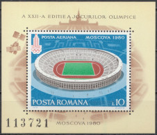 1979, Romania, Summer Olympic Games - Moscow, Olympic Games, Sports, Stadiums, Souvenir Sheet, MNH(**), LPMP 992 - Usado