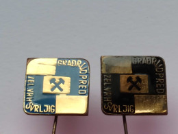 BADGE Z-98-12 - 2 PINS - ZELENI VRH SVRLJIG PIN SERBIA, RUDNIK, MINE, MINER - Lots