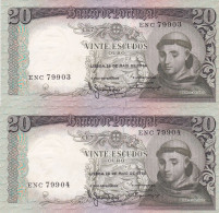 PORTUGAL BANK NOTE - BANKNOTE - 20$00 X 2 - FOLLOWED NUMBERS - CH 7  - 26/05/1954 AUNC - Portugal