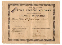 VP22.542 - Ville Du HAVRE 1920 - Ecole Pratique Coloniale - Diplôme D'Etudes - M. Raoul REVERCHON, Né à PARIS .... - Diploma's En Schoolrapporten