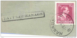 Ft-932: N° 832 : [°]: MANAGE B.......B  + Lijnnaamstempel: FAYT-LEZ-MANAGE - 1936-1957 Open Kraag