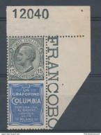 1924 Italia - Regno, Pubblicitario N. 2, 15 Cent Columbia Grigio Oltremare - Numero Di Tavola, MNH** - Reklame