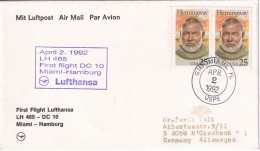 USA - 2x25 C. Hemmingway Luftpostbrief/LH-Erstflug Miami - Hamburg 1992 - Autres & Non Classés