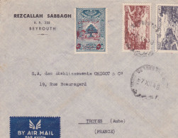 Lettre Par Avion 1949 BEYROUTH Dont Timbre DROIT FISCAL Surcharge Rouge à Destination De TROYES AUBE FRANCE - Liban