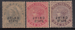 3 Diff., Jhind State MH QV Series (1a SG18 & SG19 1886-1889, 3p 1900-1904 SG37)  British India  - Jhind