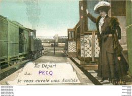(XX) Carte Montage Gare Train Locomotive Voyageuse Voyageur. J'arrive Ou Pars LE PECQ 78 - Le Pecq