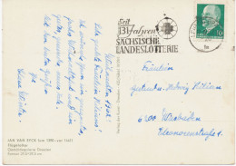 DDR WERBESTEMPEL 1962 „LEIPZIG BPA 32 / Seit 131 Jahren SÄCHSISCHE LANDESLOTTERIE“ Auf Kab.-AK Nach Wiesbaden, BRD - Briefe U. Dokumente