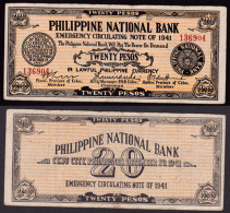 FILIPPINE 20 PESOS 1941  EMERGENCY BANKNOTE PS218 BB - Philippines